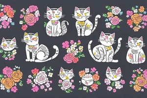 sad cat with floral design surrounded by traditional flowers for sleeve tattoo idea