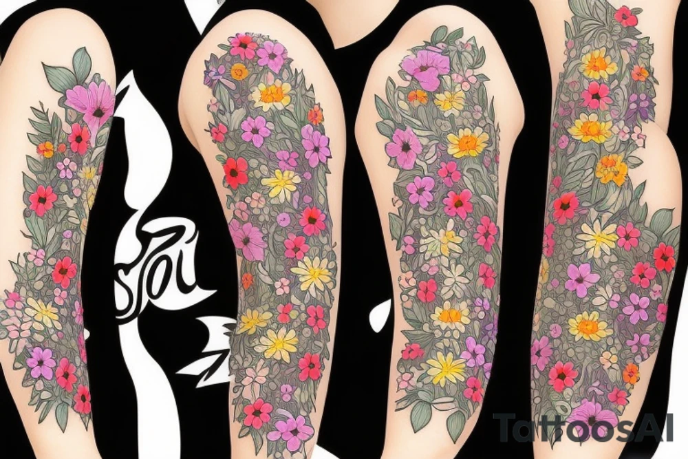 sad cat with floral design surrounded by traditional flowers for sleeve tattoo idea
