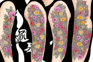 sad cat with floral design surrounded by traditional flowers for sleeve tattoo idea