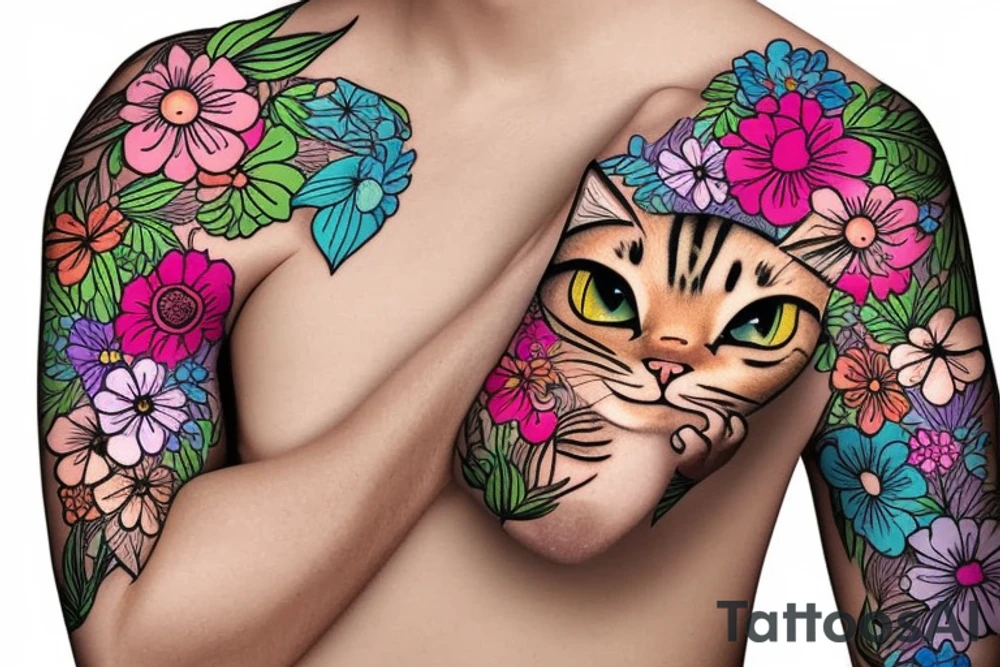 sad cat with floral design surrounded by traditional flowers for sleeve tattoo idea