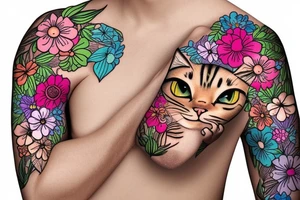 sad cat with floral design surrounded by traditional flowers for sleeve tattoo idea