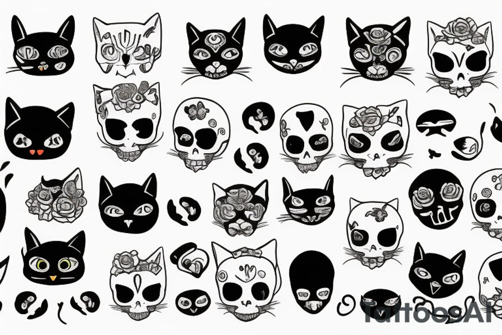 sad cat with skull tattoo idea
