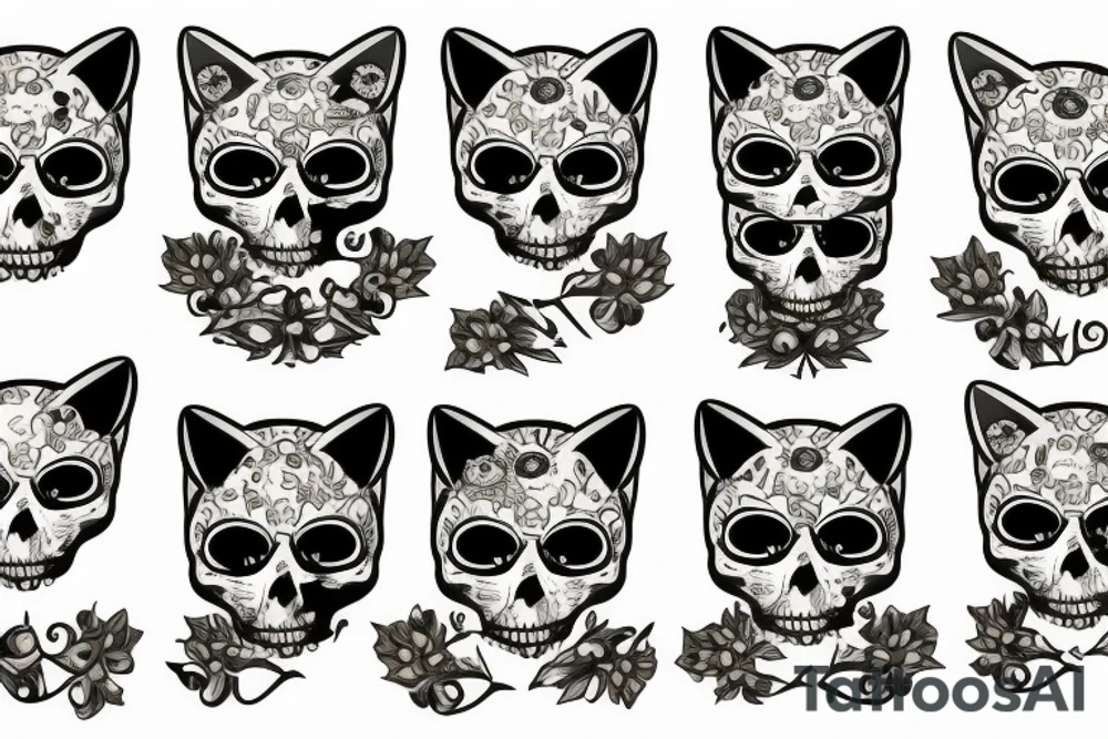 sad cat with skull tattoo idea
