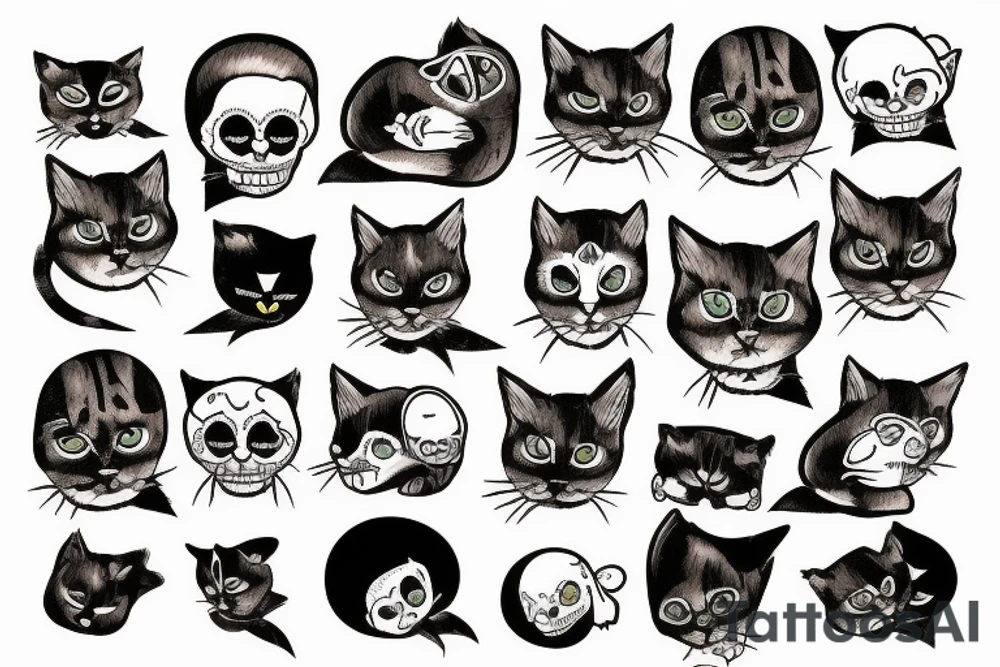 sad cat with skull tattoo idea