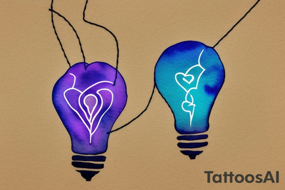 hand holding string to lightbulb with ombre heart with blue purple light element tattoo idea