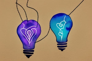 hand holding string to lightbulb with ombre heart with blue purple light element tattoo idea