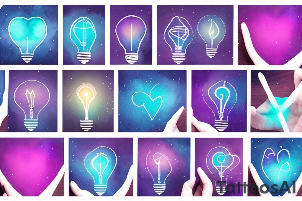 hand holding string to lightbulb with ombre heart with blue purple light element tattoo idea