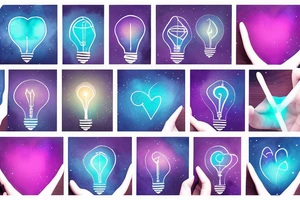 hand holding string to lightbulb with ombre heart with blue purple light element tattoo idea