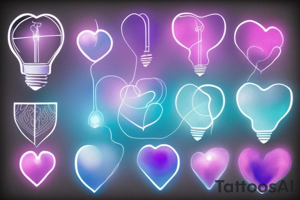 lightbulb, ombre heart with blue purplish-pink light element tattoo idea