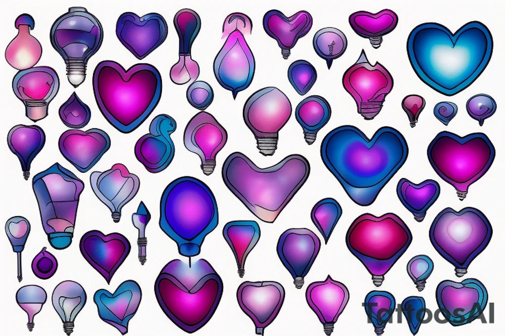 lightbulb, ombre heart with blue purplish-pink light element tattoo idea