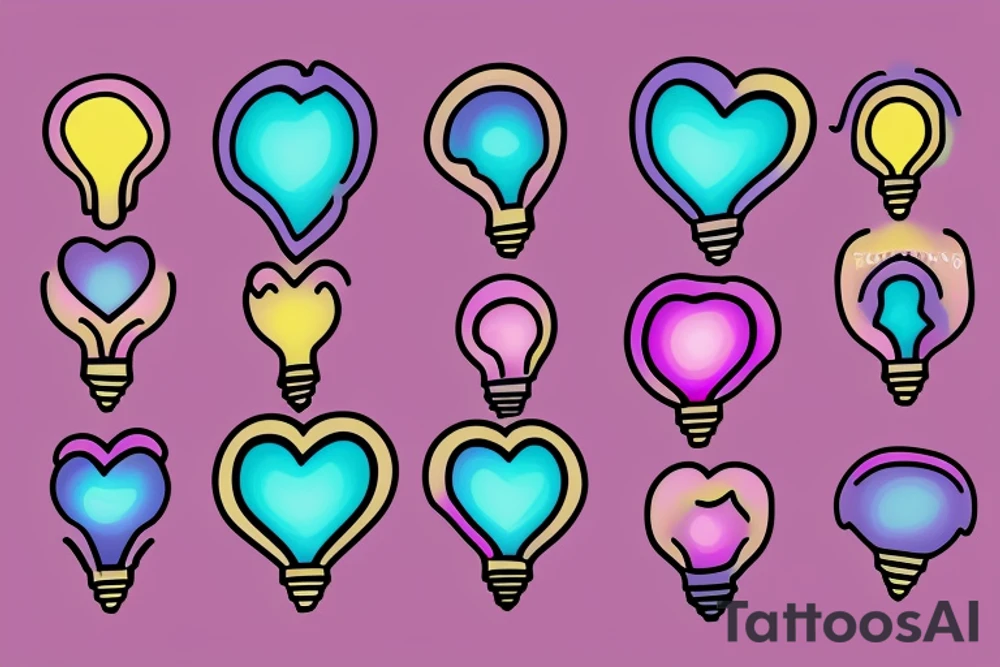 lightbulb tattoo with a yellowish-pink ombre heart held up by blueish purplish-pink zaps in the middle tattoo idea