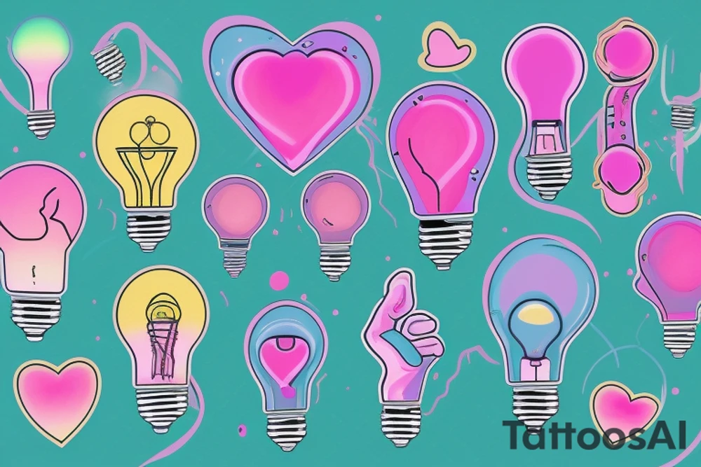 lightbulb tattoo with a yellowish-pink ombre heart held up by blueish-purplish-pink zaps in the middle tattoo idea