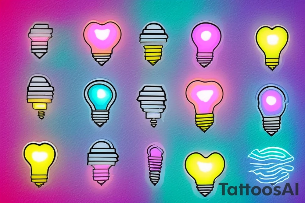 lightbulb tattoo with a yellowish-pink ombre heart with blueish-purplish-pink bolts of light in the middle tattoo idea