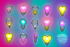 lightbulb tattoo with a yellowish-pink ombre heart with blueish-purplish-pink bolts of light in the middle tattoo idea