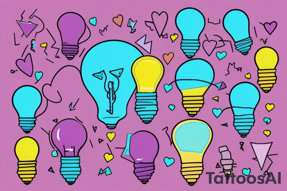 lightbulb tattoo with a yellowish-pink ombre heart with blueish-purplish-pink bolts of light in the middle tattoo idea