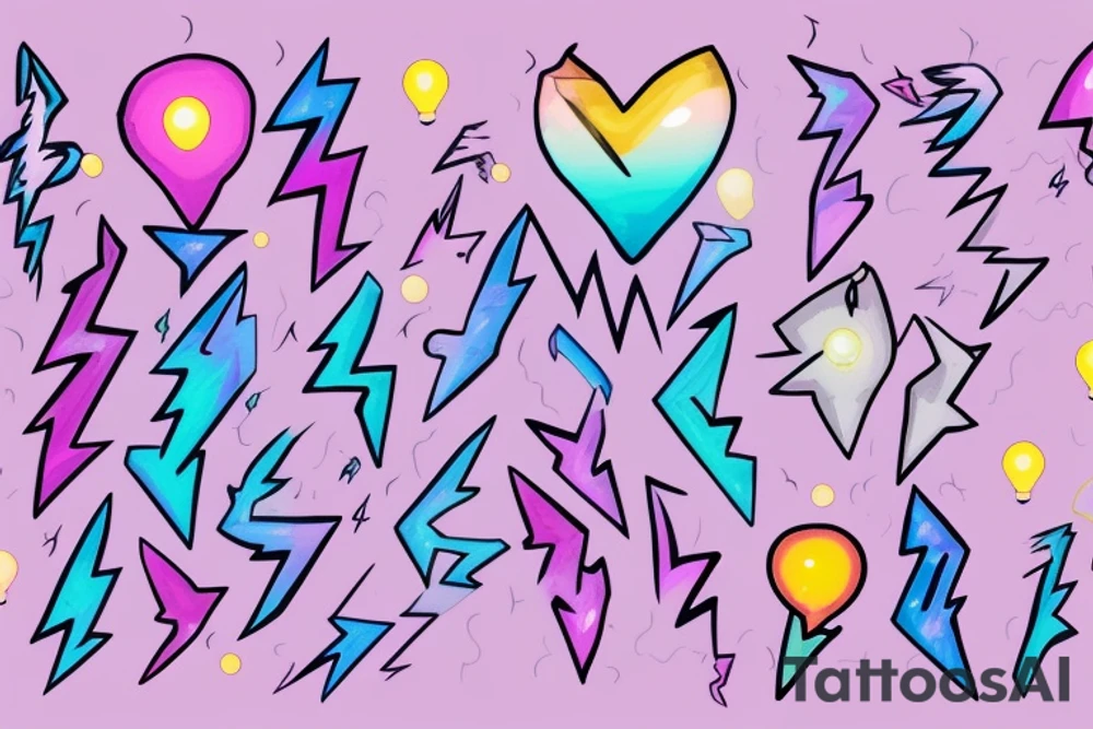 lightbulb tattoo with a yellowish-pink ombre heart with blueish-purplish-pink lightning bolts in the middle tattoo idea