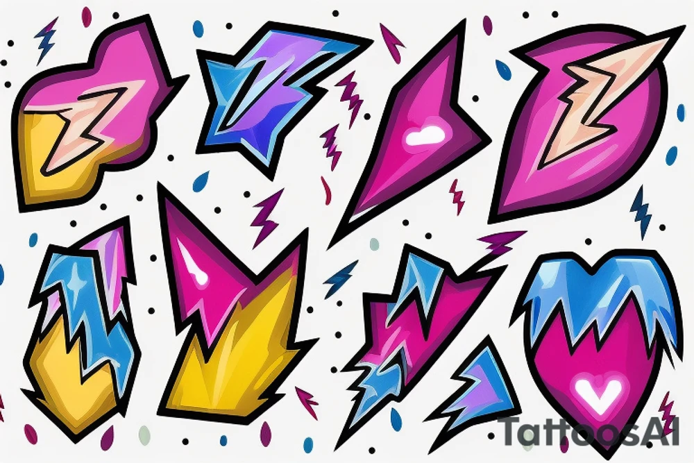 lightbulb tattoo with a yellowish-pink ombre heart with blueish-purplish-pink lightning bolts in the middle tattoo idea