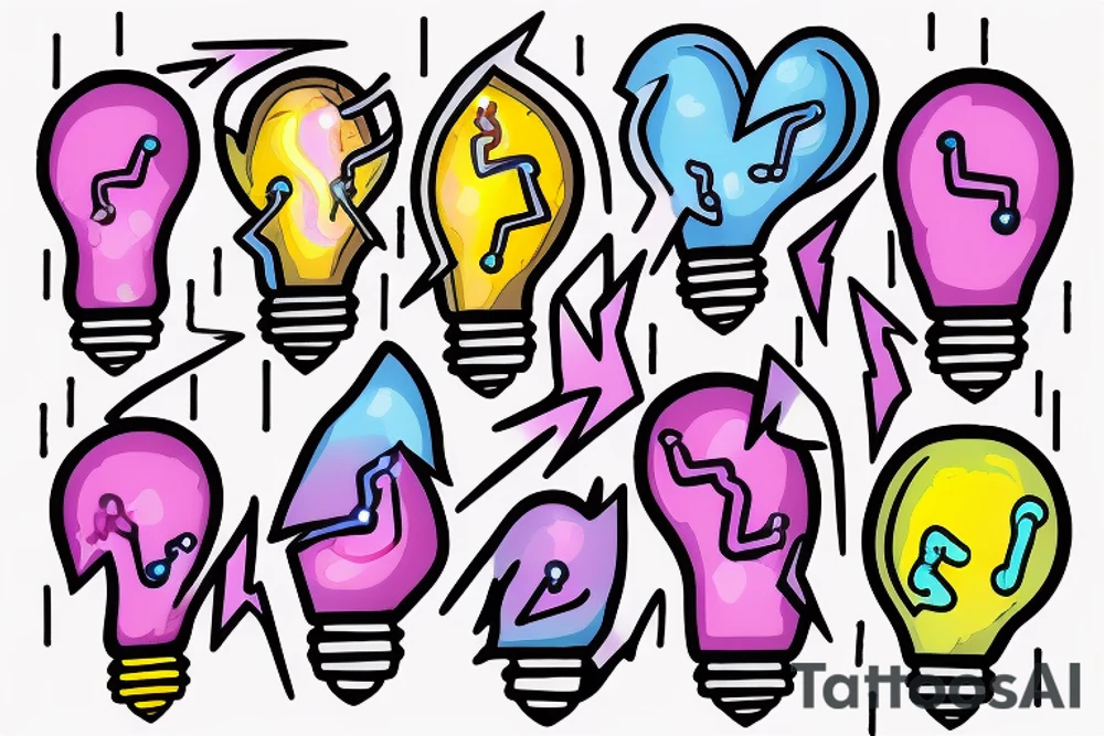 lightbulb tattoo with a yellowish-pink ombre heart with blueish-purplish-pink lightning bolts in the middle tattoo idea