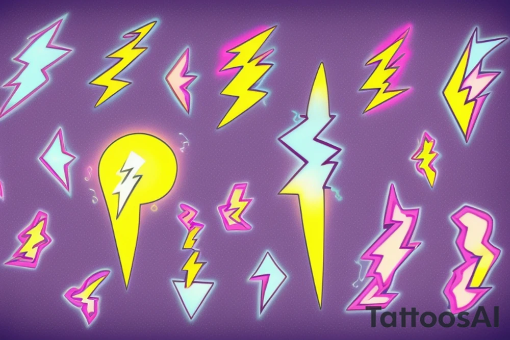 lightbulb tattoo  yellowish-pink ombre heart blueish-purplish-pink lightning bolts in the middle tattoo idea