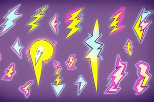 lightbulb tattoo  yellowish-pink ombre heart blueish-purplish-pink lightning bolts in the middle tattoo idea