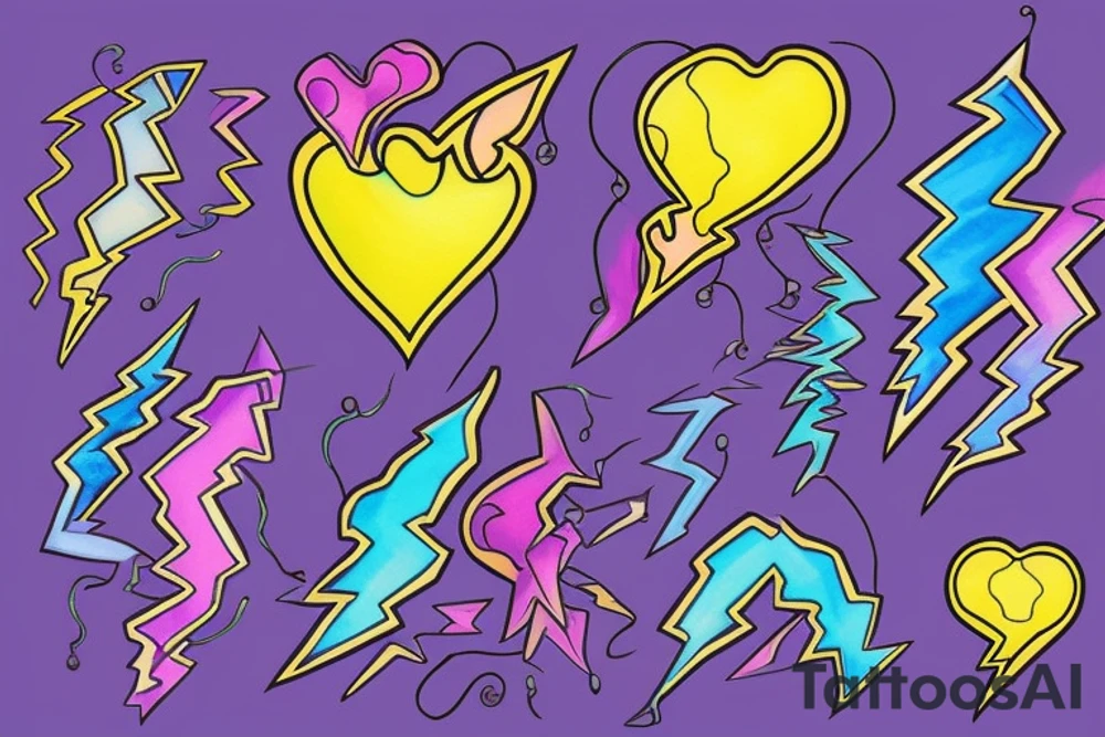 lightbulb tattoo  yellowish-pink ombre heart blueish-purplish-pink lightning bolts in the middle tattoo idea