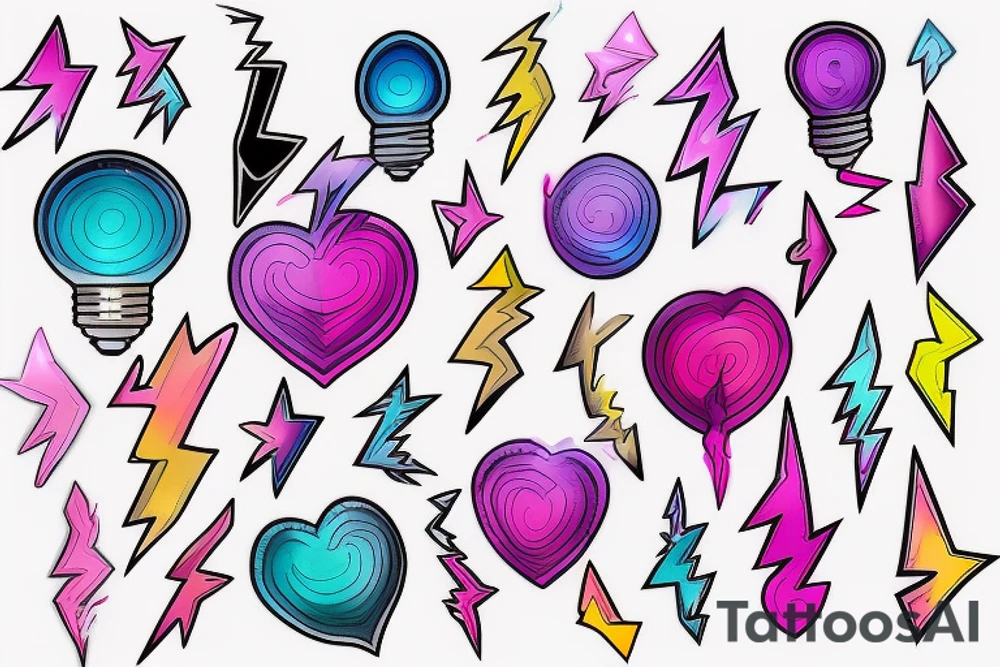 yellowish-pink ombre heart blueish-purplish-pink lightning bolts in the middle of a lightbulb tattoo tattoo idea