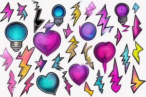 yellowish-pink ombre heart blueish-purplish-pink lightning bolts in the middle of a lightbulb tattoo tattoo idea