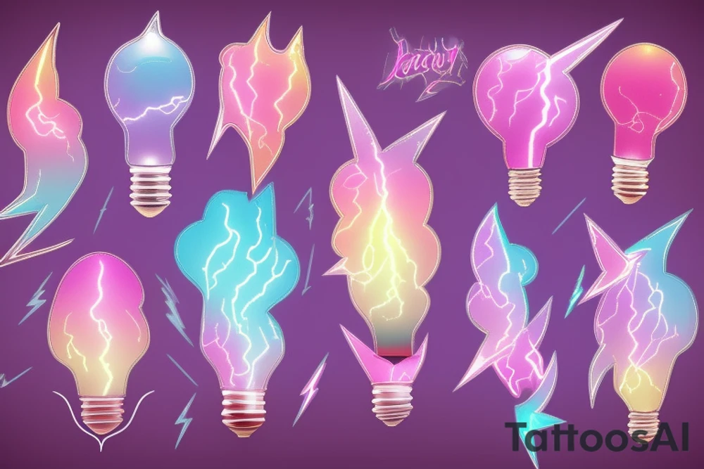 yellowish-pink ombre heart blueish-purplish-pink lightning bolts in the middle of a lightbulb tattoo tattoo idea