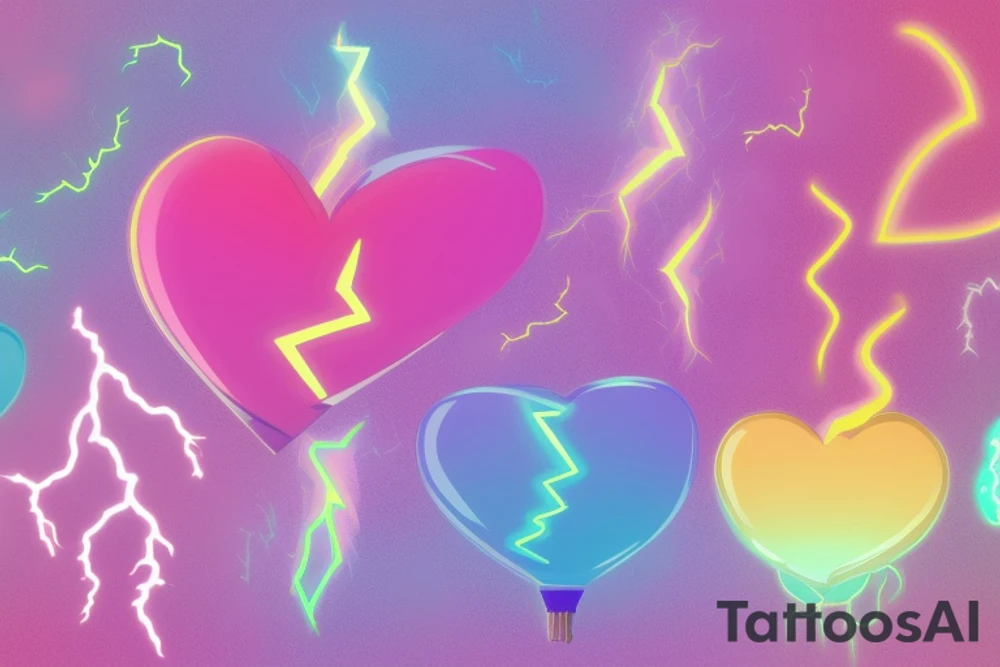 yellowish-pink ombre heart blueish-purplish-pink lightning bolts in the middle of a lightbulb tattoo tattoo idea