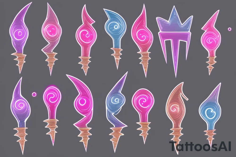 yellowish-pink ombre heart held up by blueish-purplish-pink lightning bolts in the middle of a lightbulb tattoo tattoo idea