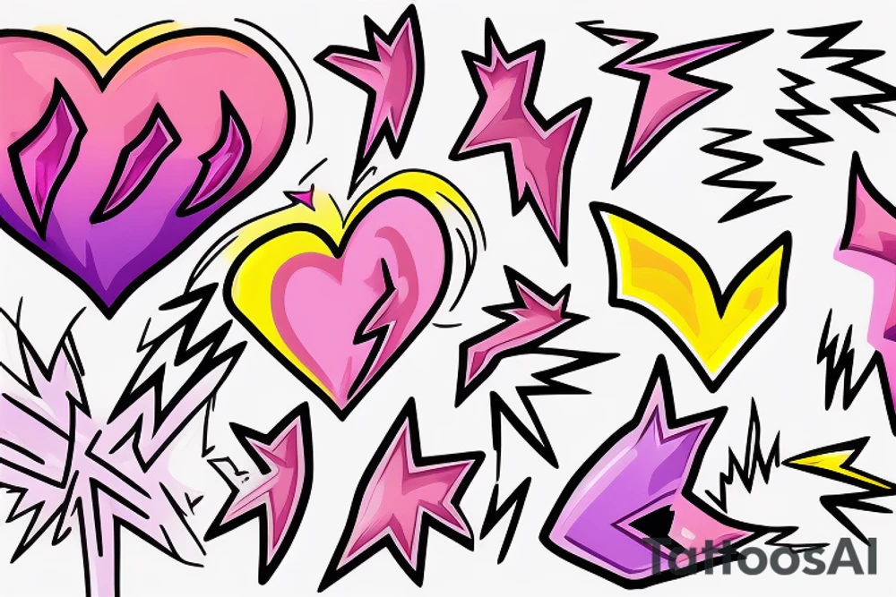 yellowish-pink ombre heart held up by blueish-purplish-pink lightning bolts in the middle of a lightbulb tattoo tattoo idea