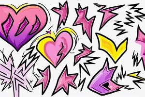 yellowish-pink ombre heart held up by blueish-purplish-pink lightning bolts in the middle of a lightbulb tattoo tattoo idea