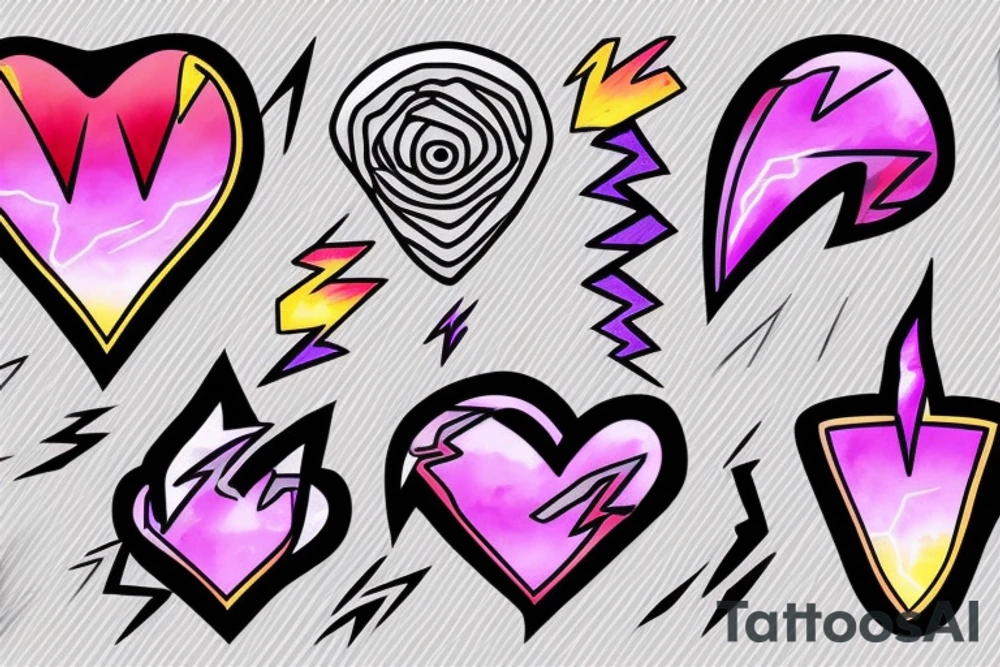 A lightbulb tattoo on the arm with a yellowish-pink ombre heart held up by blueish-purplish-pink lightning bolts in the middle. tattoo idea