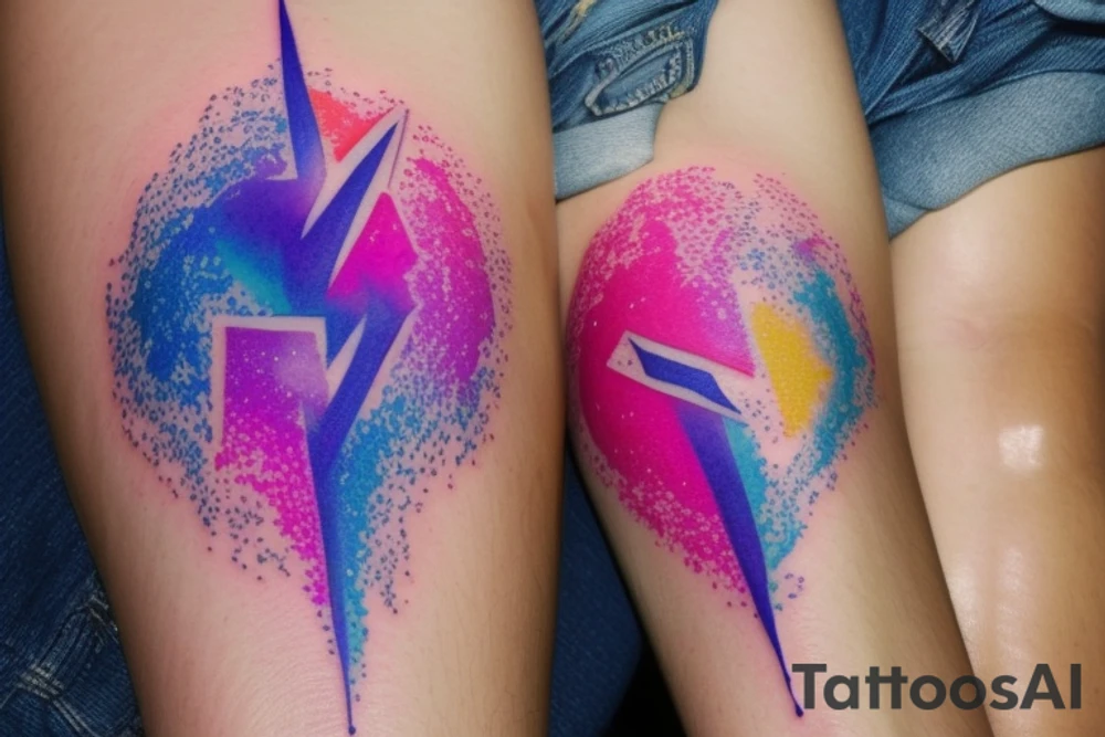 A lightbulb tattoo on the arm with a yellowish-pink ombre heart held up by blueish-purplish-pink lightning bolts in the middle. tattoo idea