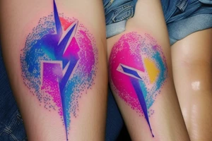 A lightbulb tattoo on the arm with a yellowish-pink ombre heart held up by blueish-purplish-pink lightning bolts in the middle. tattoo idea