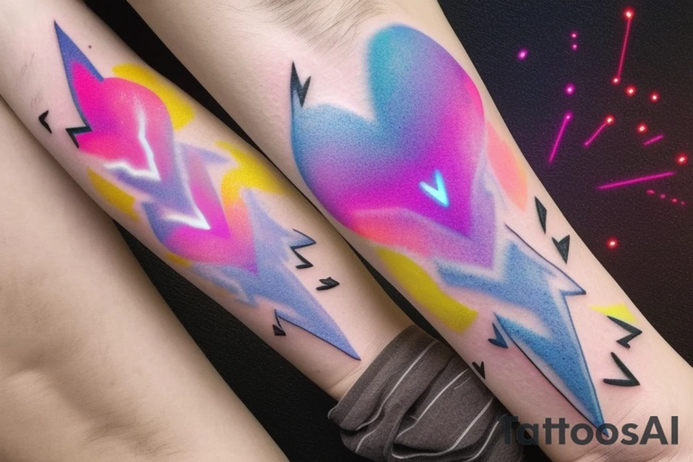 A lightbulb tattoo on the arm with a yellowish-pink ombre heart held up by blueish-purplish-pink lightning bolts in the middle. tattoo idea