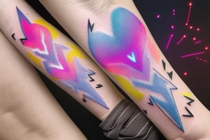 A lightbulb tattoo on the arm with a yellowish-pink ombre heart held up by blueish-purplish-pink lightning bolts in the middle. tattoo idea