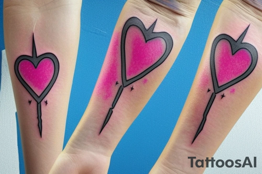 A lightbulb tattoo on the arm with a yellowish-pink ombre heart held up by blueish-purplish-pink lightning bolts in the middle. tattoo idea