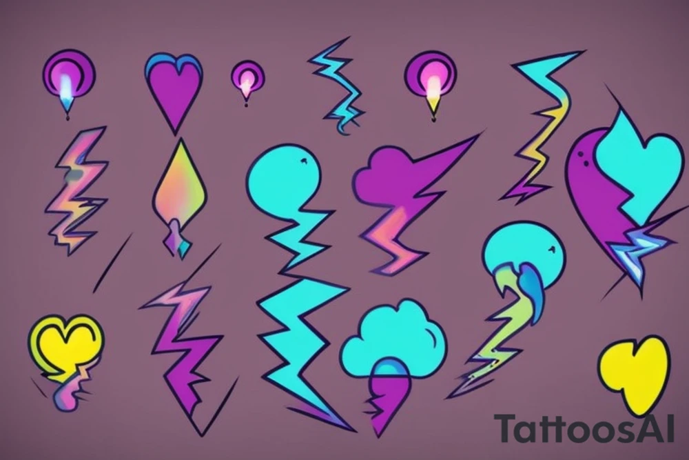 A lightbulb tattoo on the arm with a yellowish-pink ombre heart held up by blueish-purplish-pink lightning bolts in the middle. tattoo idea