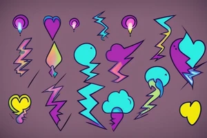 A lightbulb tattoo on the arm with a yellowish-pink ombre heart held up by blueish-purplish-pink lightning bolts in the middle. tattoo idea