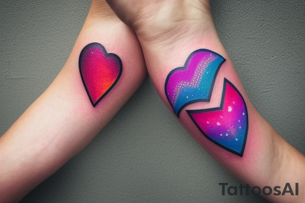 A lightbulb tattoo on the arm with a yellowish-pink ombre heart held up by blueish-purplish-pink lightning bolts in the middle. tattoo idea