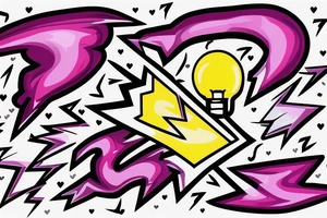 A lightbulb with a yellowish-pink ombre heart held up by blueish-purplish-pink lightning bolts tattoo on the arm tattoo idea