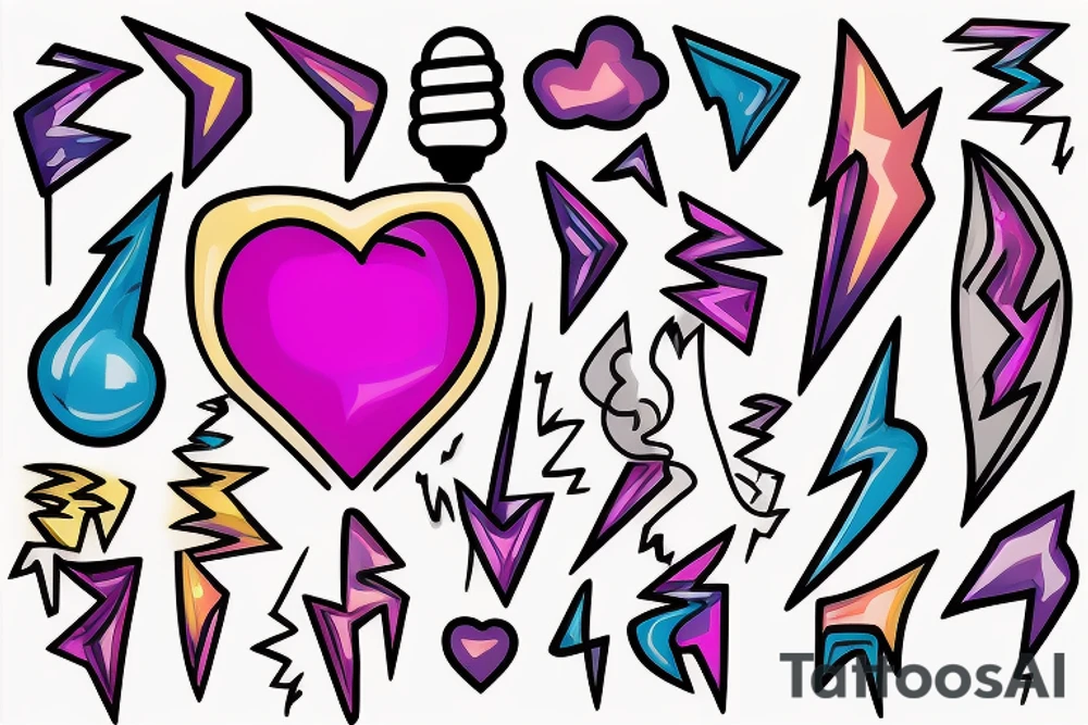 A lightbulb with a yellowish-pink ombre heart held up by blueish-purplish-pink lightning bolts tattoo on the arm tattoo idea