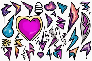 A lightbulb with a yellowish-pink ombre heart held up by blueish-purplish-pink lightning bolts tattoo on the arm tattoo idea