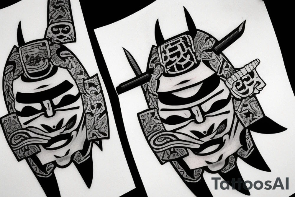 samurai mask cut in half by a kunai tattoo idea
