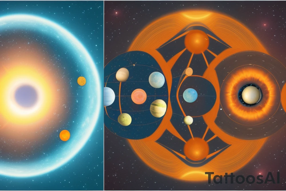 Using 3D modeling and rendering software, create an image featuring a geometric astronaut in front of a backdrop with the sun positioned behind the astronaut and planets arranged in the background. The astronaut should have a distinct geometric style, and the sun and planets should be visually appealing. Adjust lighting and camera angles to capture the desired composition. The final image should portray a visually striking scene with the geometric astronaut, the sun, and the planets forming a captivating visual arrangement." tattoo idea