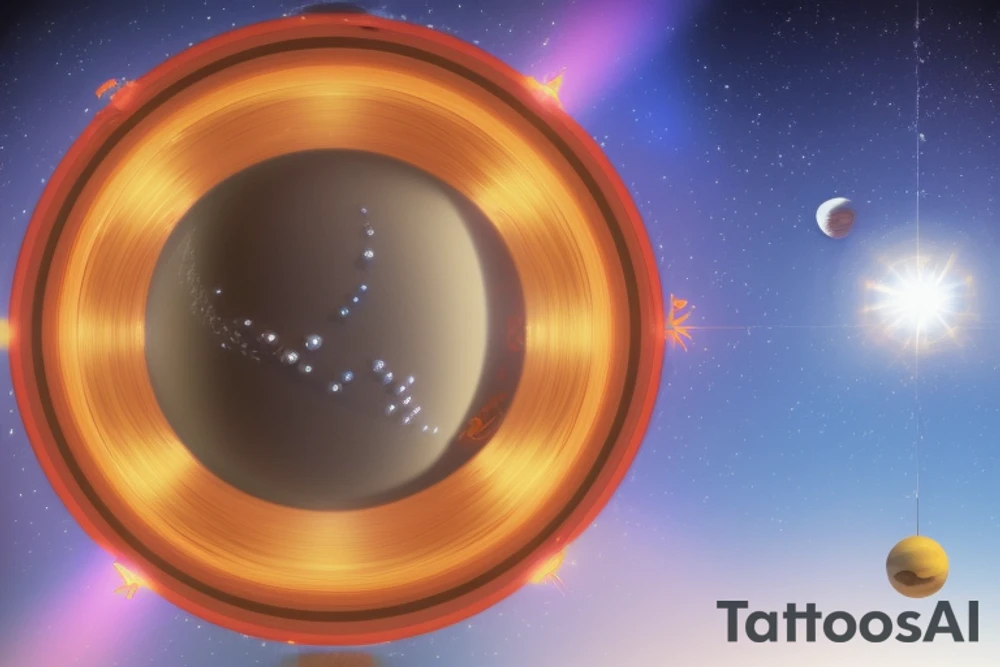 Using 3D modeling and rendering software, create an image featuring a geometric astronaut in front of a backdrop with the sun positioned behind the astronaut and planets arranged in the background. The astronaut should have a distinct geometric style, and the sun and planets should be visually appealing. Adjust lighting and camera angles to capture the desired composition. The final image should portray a visually striking scene with the geometric astronaut, the sun, and the planets forming a captivating visual arrangement." tattoo idea