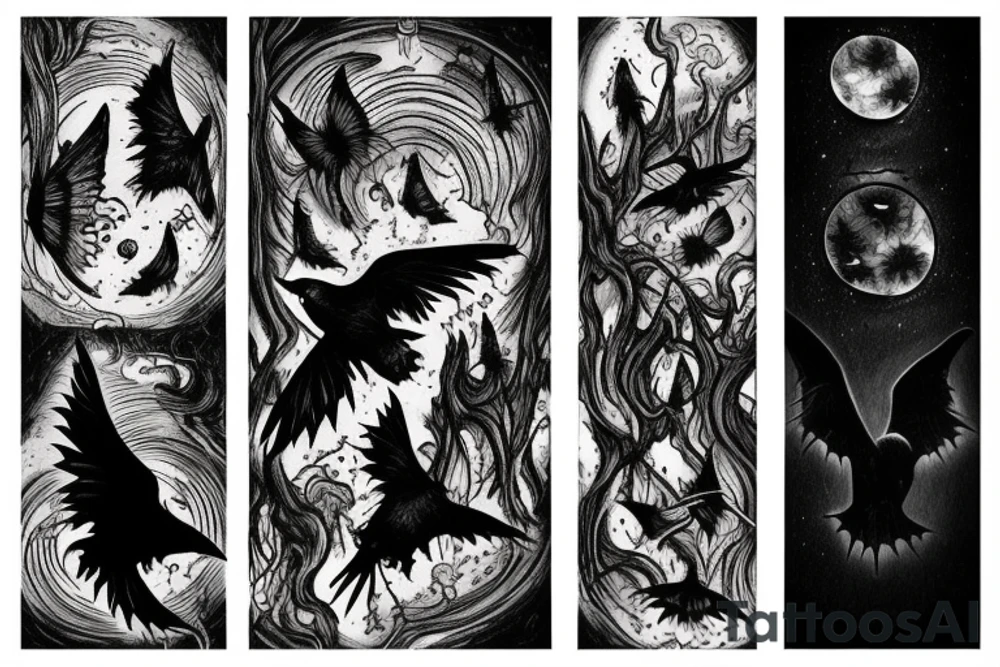 mysterious gloomy night sky with gothic moths and ravens carrying spirit to underworld tattoo idea
