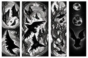 mysterious gloomy night sky with gothic moths and ravens carrying spirit to underworld tattoo idea