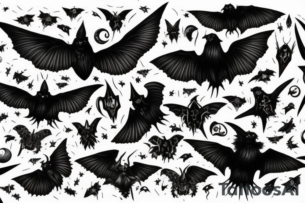 mysterious gloomy night sky with gothic moths and ravens carrying spirit to underworld tattoo idea